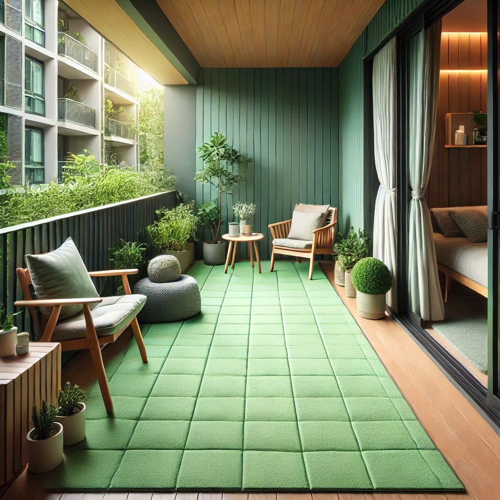 H&igrave;nh ảnh: Thảm tấm m&agrave;u xanh mang lại kh&ocirc;ng gian xanh cho ban c&ocirc;ng.