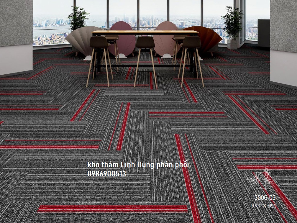 Thảm tấm ghép trải văn phòng màu kẻ sọc đỏ kết hợp giữa màu HC09 và HC06